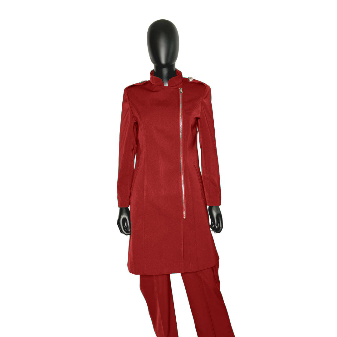 Whole body front view of the Aneesah three-piece crimson embrace garment on a mannequin, designed for Muslim sisters in the Nation of Islam who value women's modest clothing.