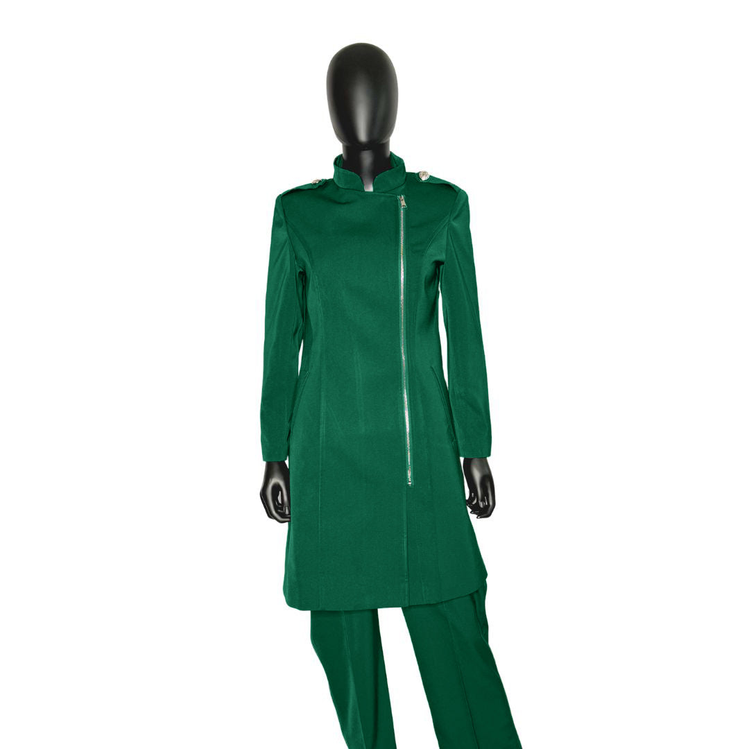 Whole body front view of the Aneesah three-piece emerald green garment on a mannequin, designed for Muslim sisters in the Nation of Islam who value women's modest clothing.