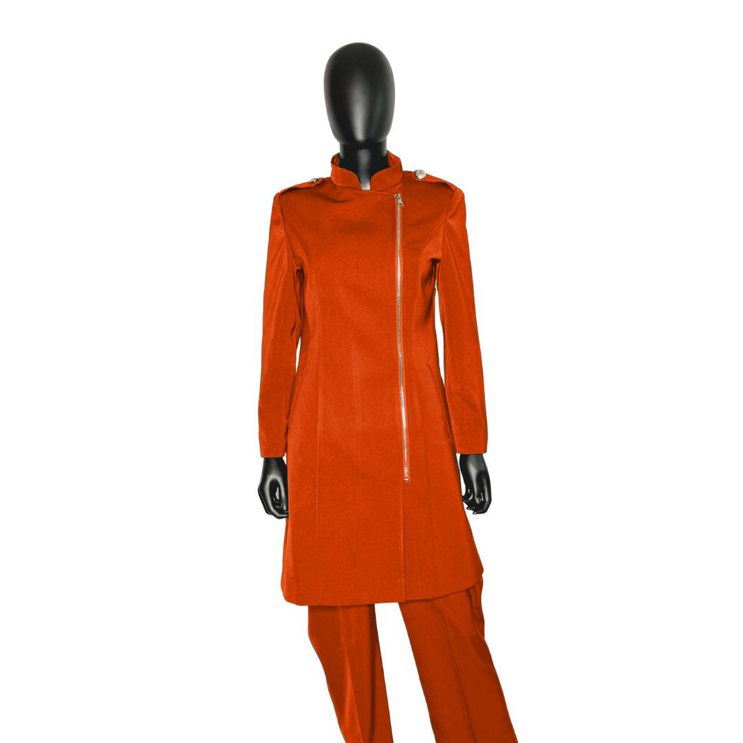 Whole body front view of the Aneesah three-piece fiery coral garment on a mannequin, designed for Muslim sisters in the Nation of Islam who value women's modest clothing.