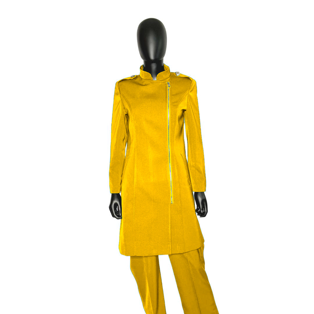 Whole body front view of the Aneesah three-piece golden glow garment on a mannequin, designed for Muslim sisters in the Nation of Islam who value women's modest clothing.