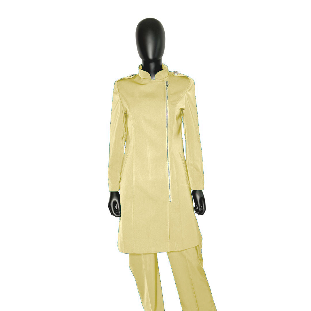 Whole body front view of the Aneesah three-piece golden sand garment on a mannequin, designed for Muslim sisters in the Nation of Islam who value women's modest clothing.