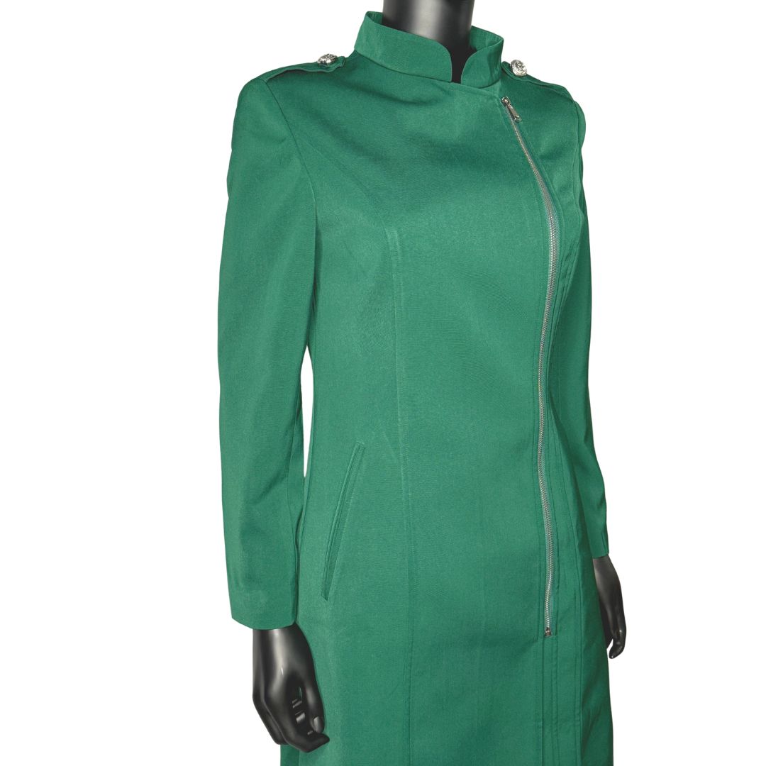 Tilted upper front view of the Aneesah three-piece green garment on a mannequin, designed for Muslim sisters in the Nation of Islam who value women's modest clothing.