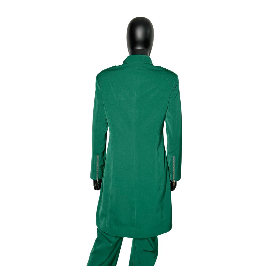 Whole body back view of the Aneesah three-piece green garment on a mannequin, designed for Muslim sisters in the Nation of Islam who value women's modest clothing.