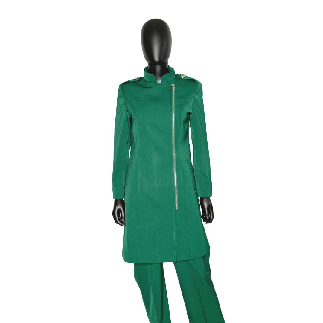 Whole body front view of the Aneesah three-piece green garment on a mannequin, designed for Muslim sisters in the Nation of Islam who value women's modest clothing.