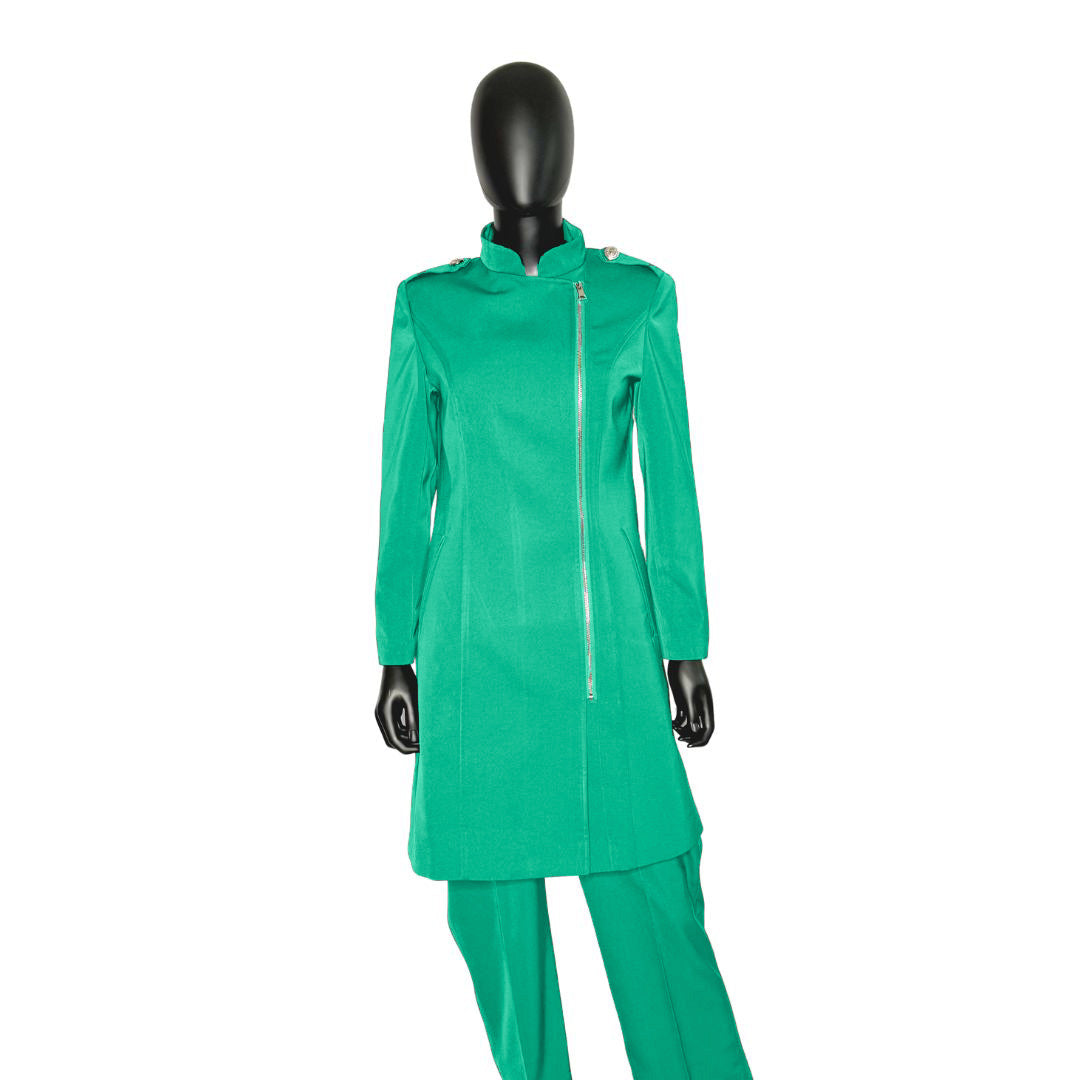 Whole body front view of the Aneesah three-piece jade glow garment on a mannequin, designed for Muslim sisters in the Nation of Islam who value women's modest clothing.