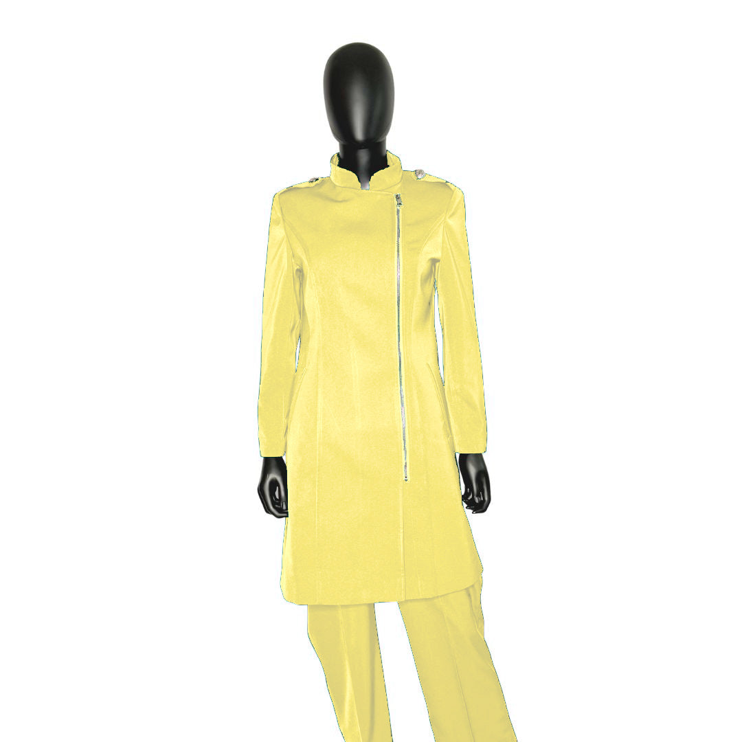 Whole body front view of the Aneesah three-piece lemon zest garment on a mannequin, designed for Muslim sisters in the Nation of Islam who value women's modest clothing.