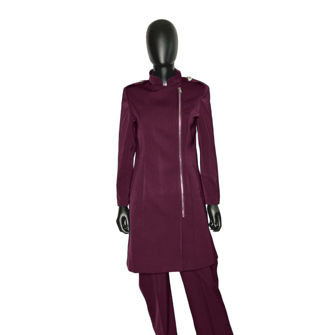 Whole body front view of the Aneesah three-piece mystic berry garment on a mannequin, designed for Muslim sisters in the Nation of Islam who value women's modest clothing.