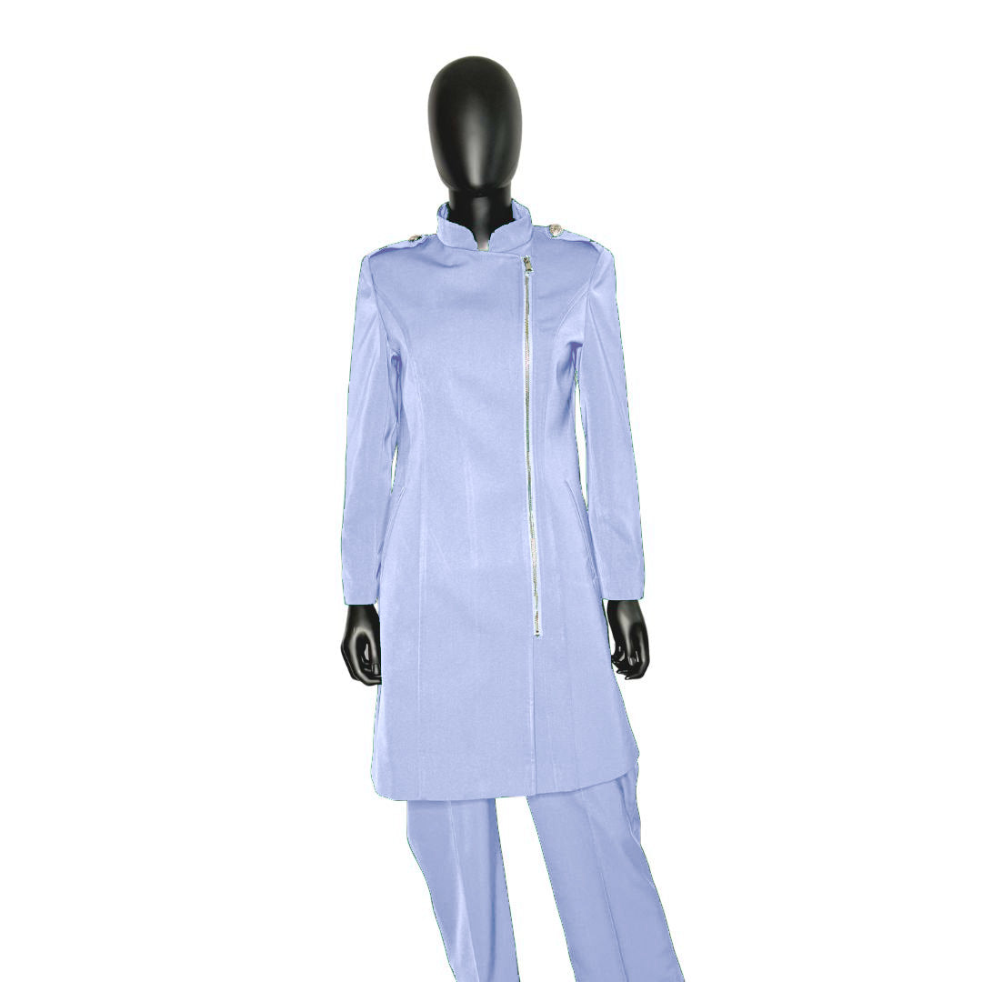 Whole body front view of the Aneesah three-piece pale periwinkle garment on a mannequin, designed for Muslim sisters in the Nation of Islam who value women's modest clothing.