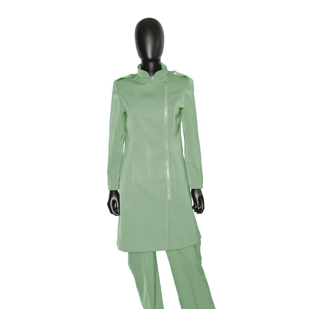 Whole body front view of the Aneesah three-piece sage serenity garment on a mannequin, designed for Muslim sisters in the Nation of Islam who value women's modest clothing.