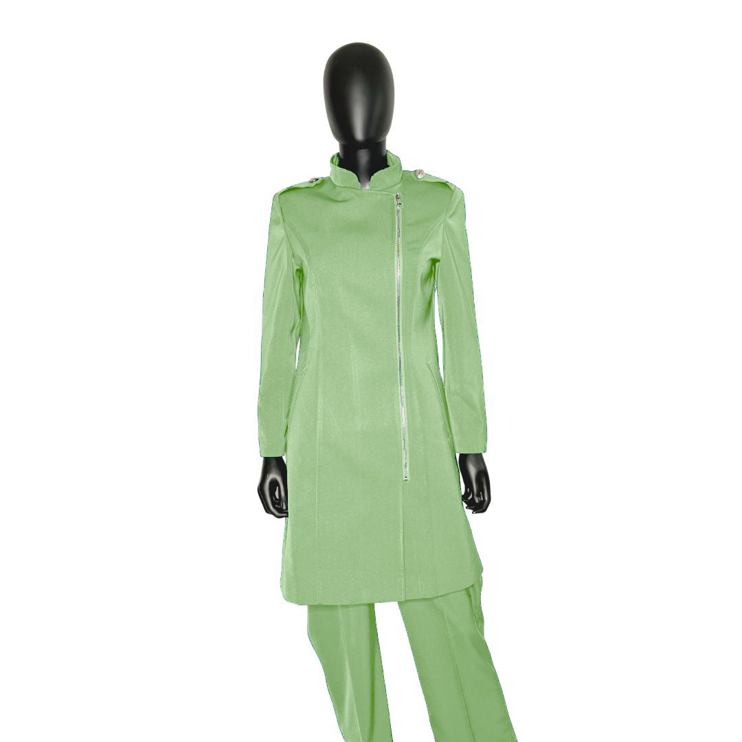 Whole body front view of the Aneesah three-piece sage whisper garment on a mannequin, designed for Muslim sisters in the Nation of Islam who value women's modest clothing.