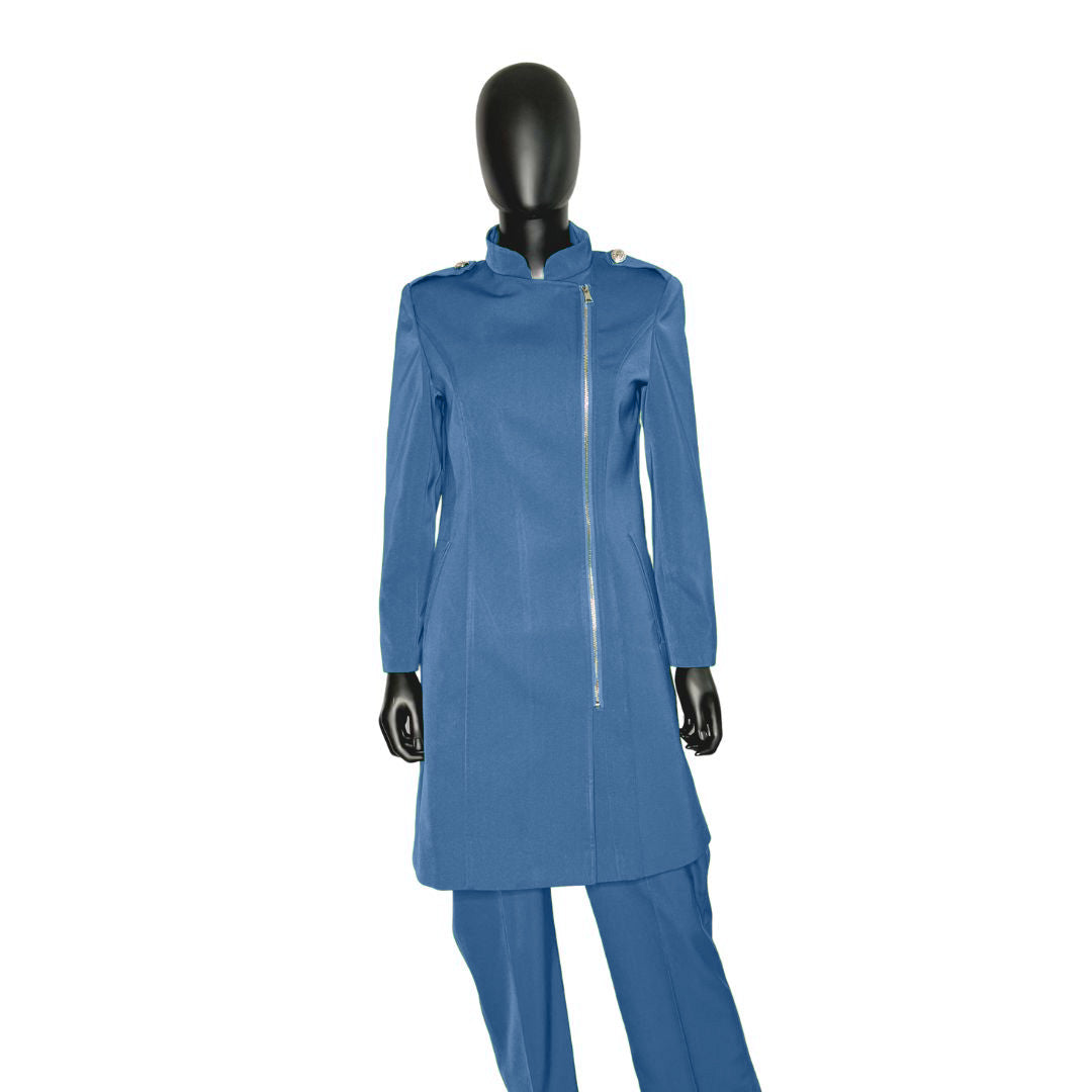 Whole body front view of the Aneesah three-piece steel blue garment on a mannequin, designed for Muslim sisters in the Nation of Islam who value women's modest clothing.