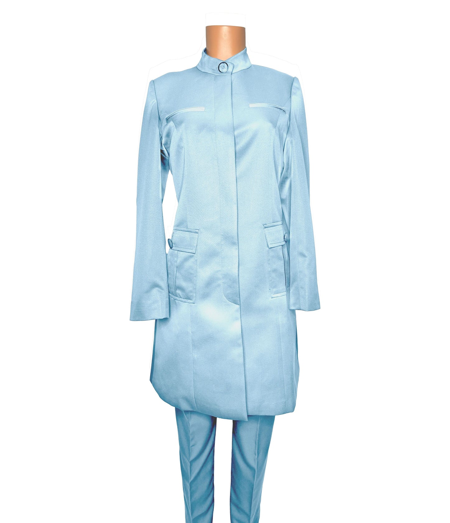 Whole body front view of the Avid 2 three-piece baby blue garment on a mannequin, designed for Muslim sisters in the Nation of Islam who value women's modest clothing.