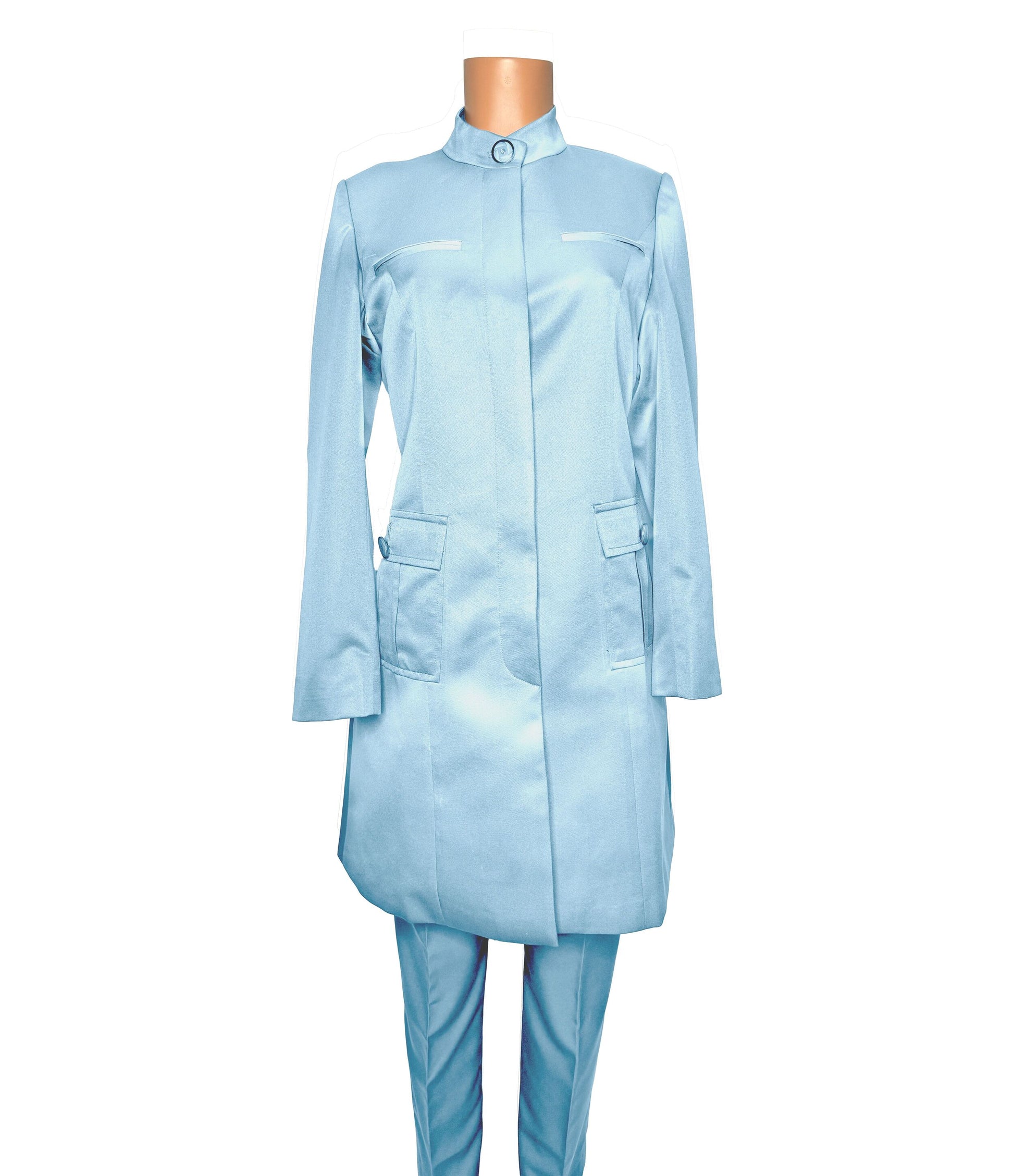 Whole body front view of the Avid 2 three-piece baby blue garment on a mannequin, designed for Muslim sisters in the Nation of Islam who value women's modest clothing.