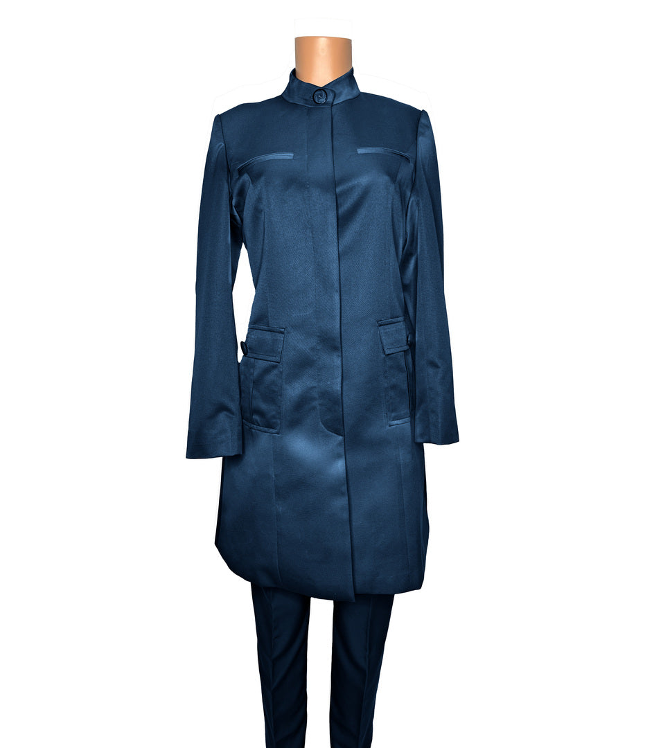 Whole body front view of the Avid 2 three-piece blue onyx garment on a mannequin, designed for Muslim sisters in the Nation of Islam who value women's modest clothing.