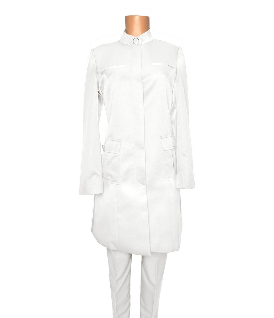 Whole body front view of the Avid 2 three-piece brilliant white garment on a mannequin, designed for Muslim sisters in the Nation of Islam who value women's modest clothing.