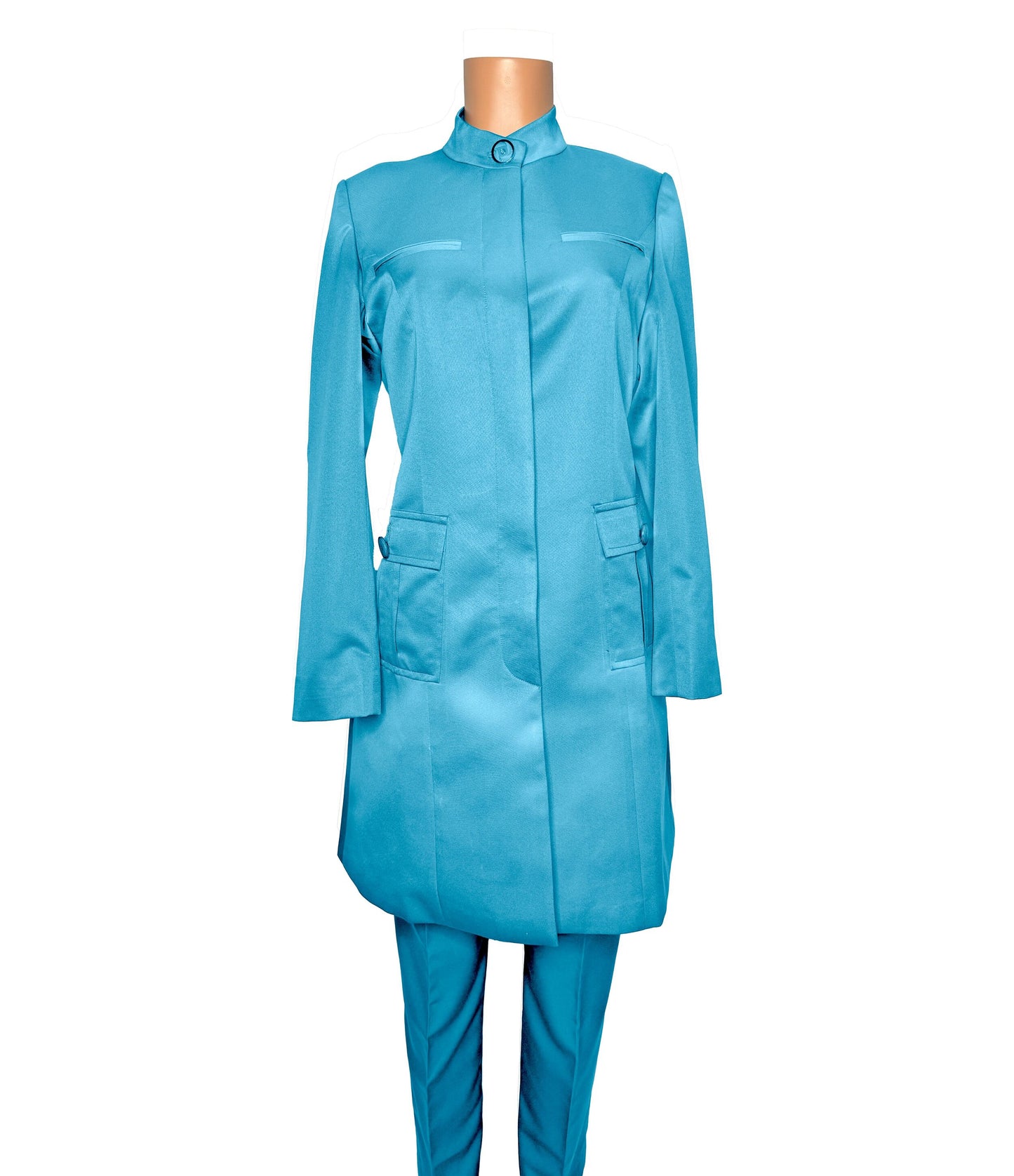 Whole body front view of the Avid 2 three-piece cerulean wave garment on a mannequin, designed for Muslim sisters in the Nation of Islam who value women's modest clothing.