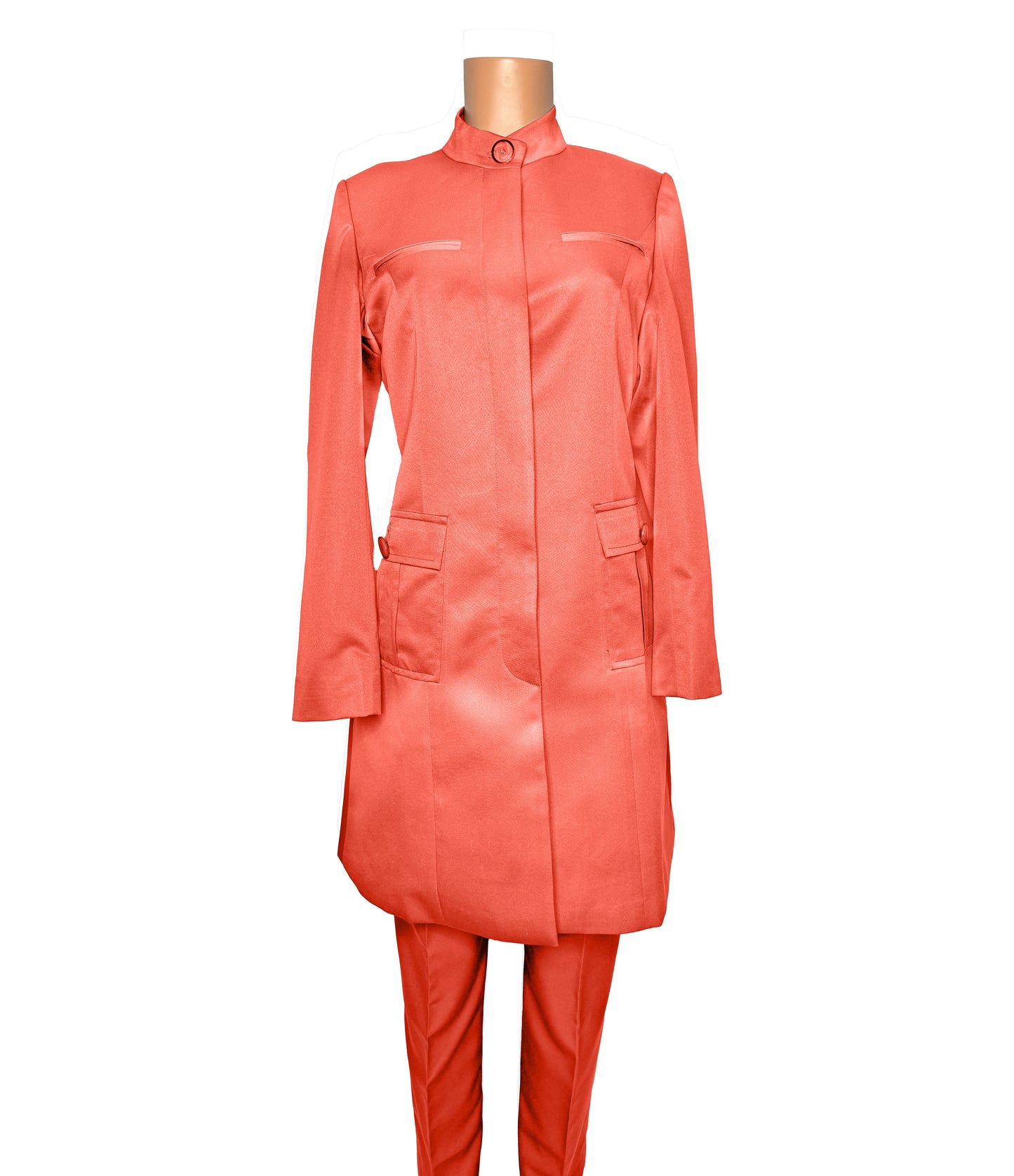 Whole body front view of the Avid 2 three-piece coral blaze garment on a mannequin, designed for Muslim sisters in the Nation of Islam who value women's modest clothing.