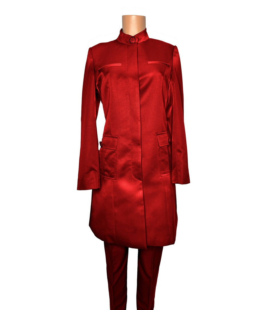 Whole body front view of the Avid 2 three-piece crimson embrace garment on a mannequin, designed for Muslim sisters in the Nation of Islam who value women's modest clothing.