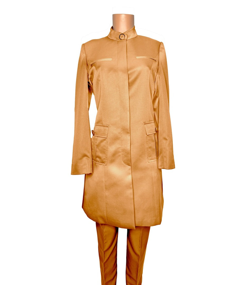 Whole body front view of the Avid 2 three-piece desert peach garment on a mannequin, designed for Muslim sisters in the Nation of Islam who value women's modest clothing.