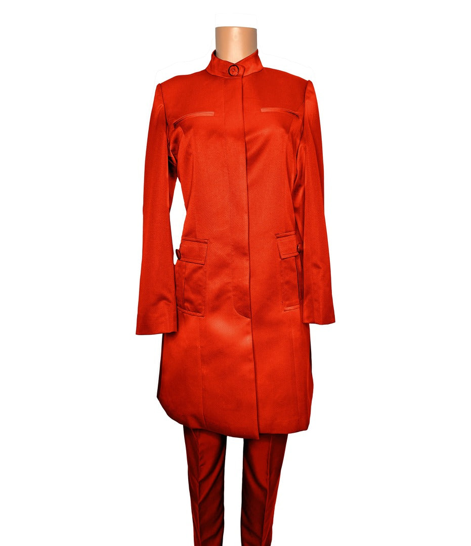 Whole body front view of the Avid 2 three-piece fiery coral garment on a mannequin, designed for Muslim sisters in the Nation of Islam who value women's modest clothing.