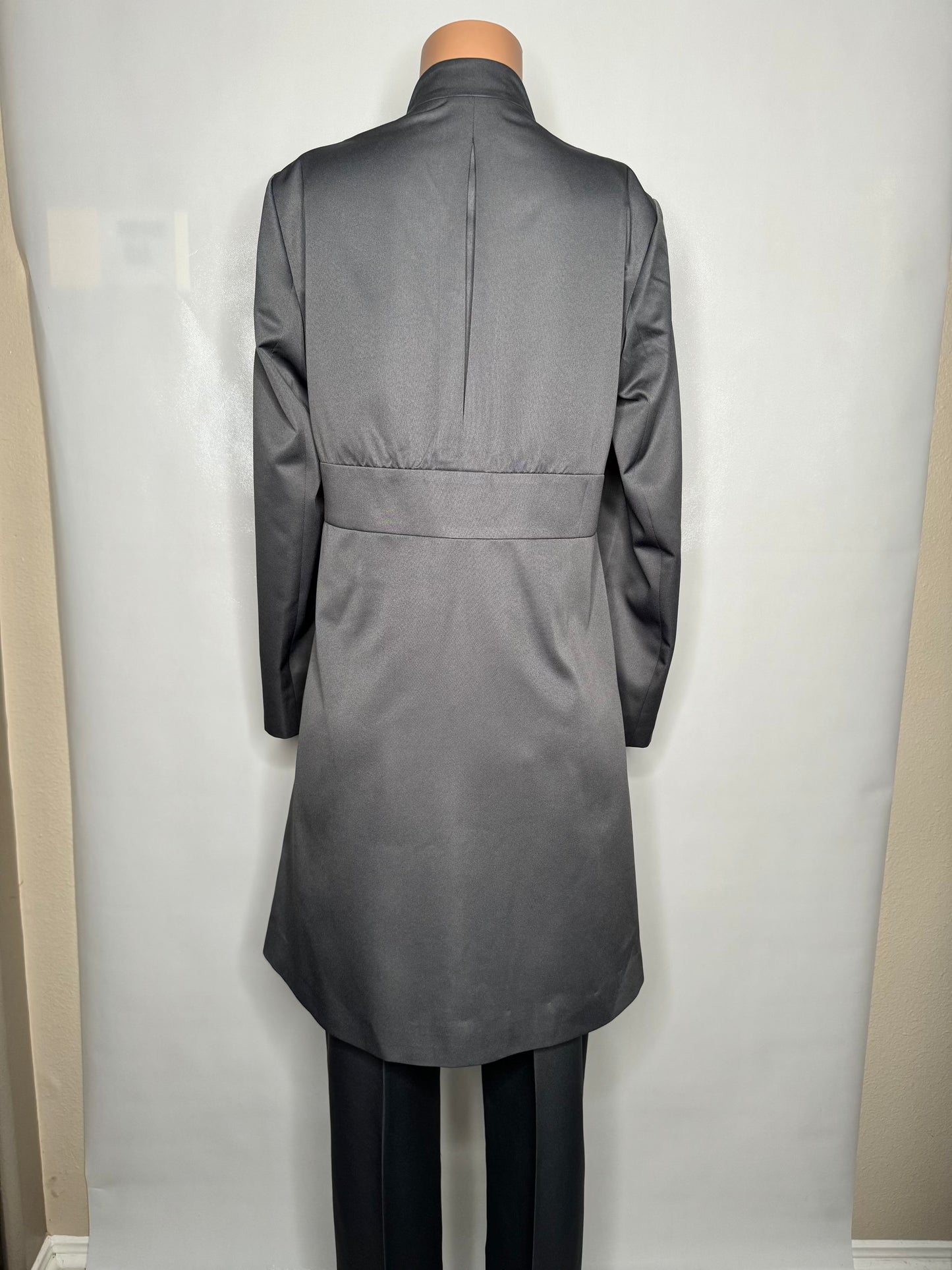 Whole body back view of the Avid 2 three-piece gray garment on a mannequin, designed for Muslim sisters in the Nation of Islam who value women's modest clothing.