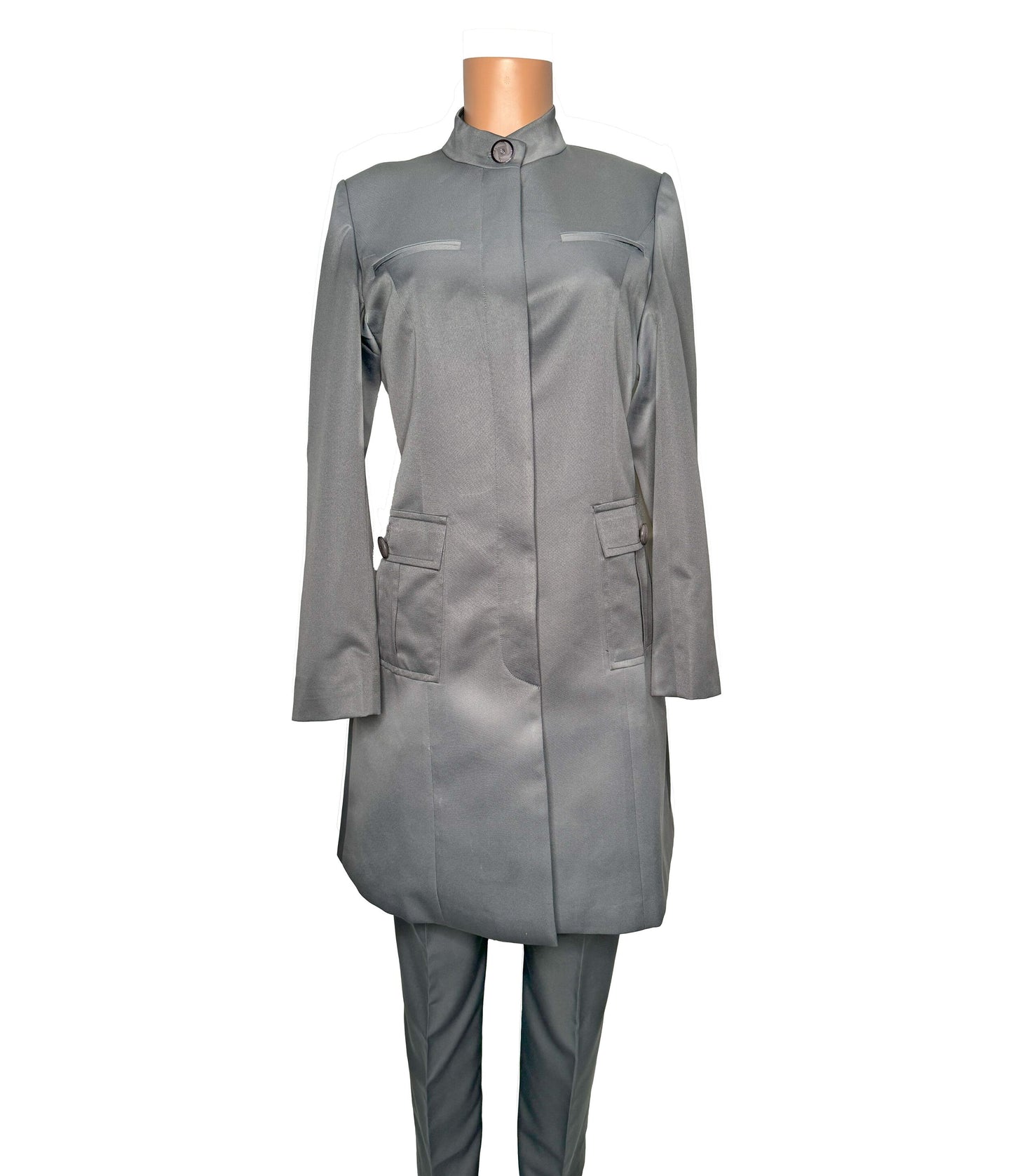 Full body front view of the Avid 2 three-piece gray garment on a mannequin, designed for Muslim sisters in the Nation of Islam who value women's modest clothing.