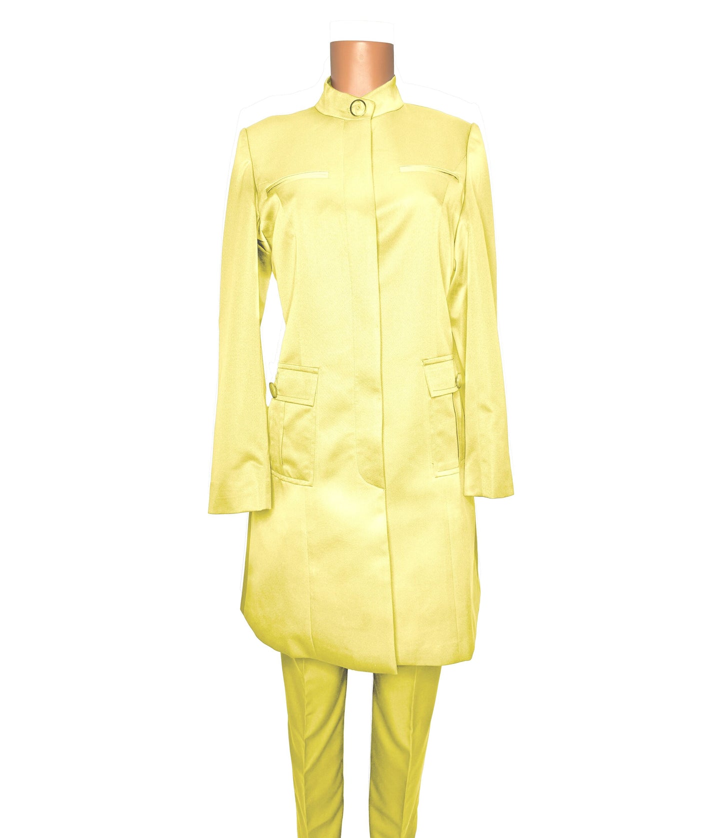 Whole body front view of the Avid 2 three-piece lemon zest garment on a mannequin, designed for Muslim sisters in the Nation of Islam who value women's modest clothing.