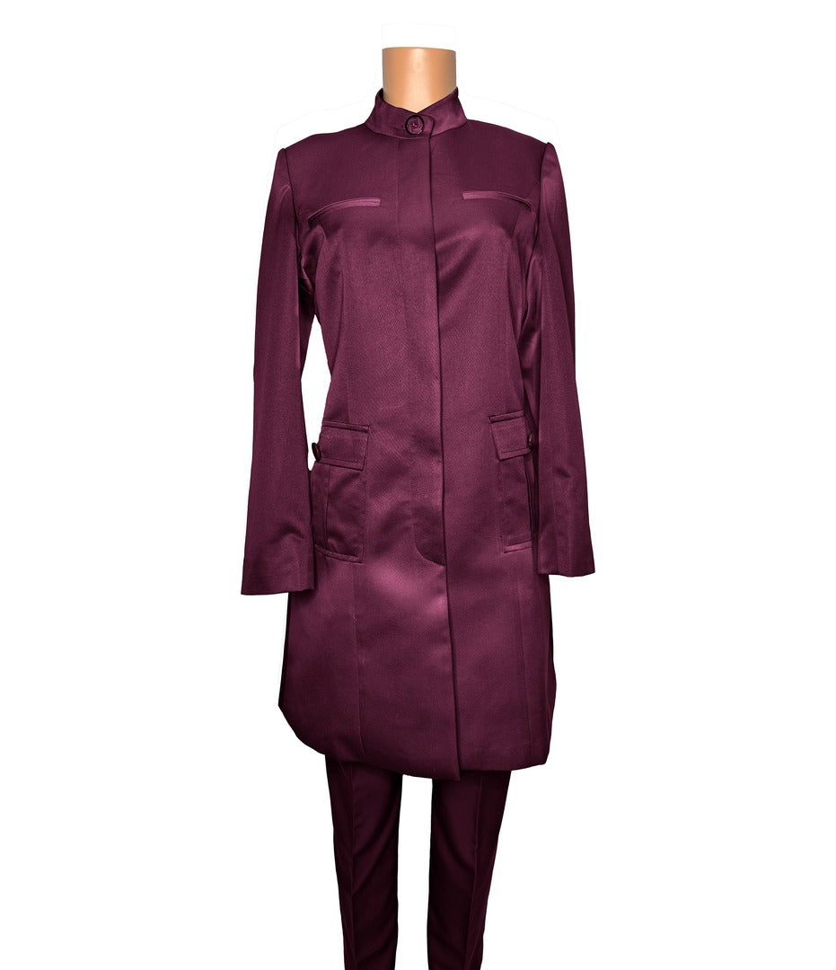 Whole body front view of the Avid 2 three-piece mystic berry garment on a mannequin, designed for Muslim sisters in the Nation of Islam who value women's modest clothing.