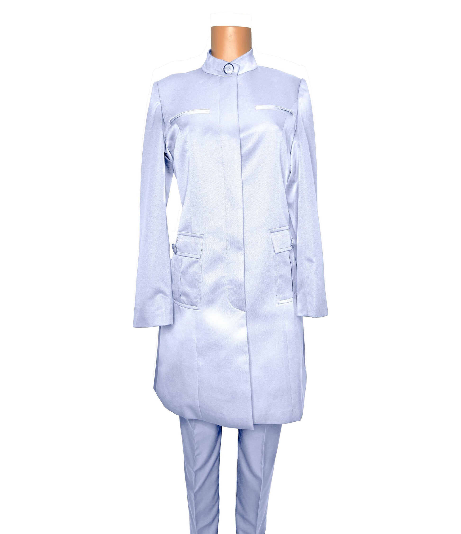 Whole body front view of the Avid 2 three-piece pale periwinkle garment on a mannequin, designed for Muslim sisters in the Nation of Islam who value women's modest clothing.