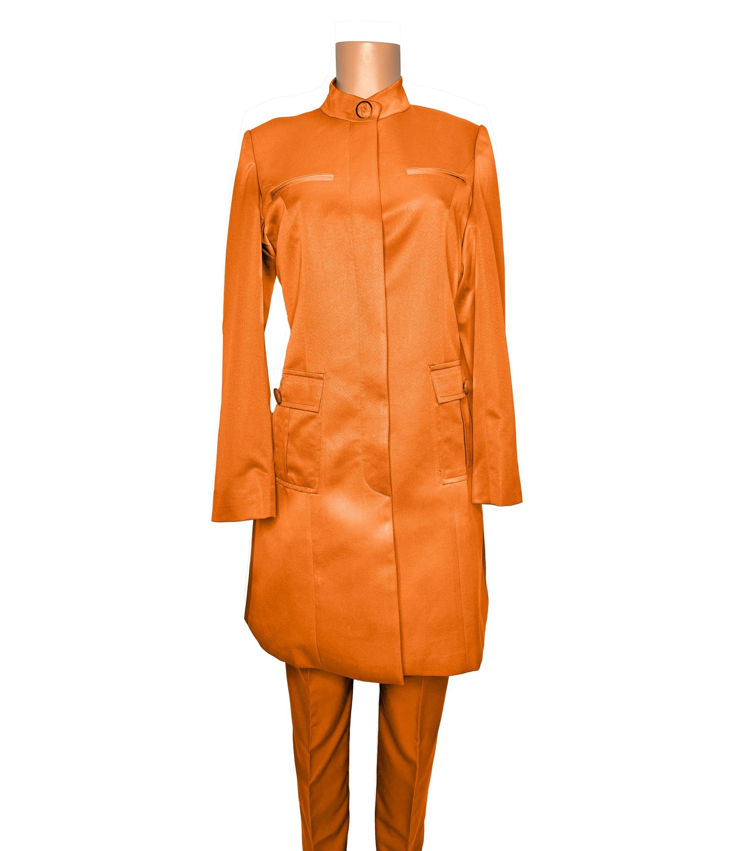 Whole body front view of the Avid 2 three-piece pumpkin spice garment on a mannequin, designed for Muslim sisters in the Nation of Islam who value women's modest clothing.