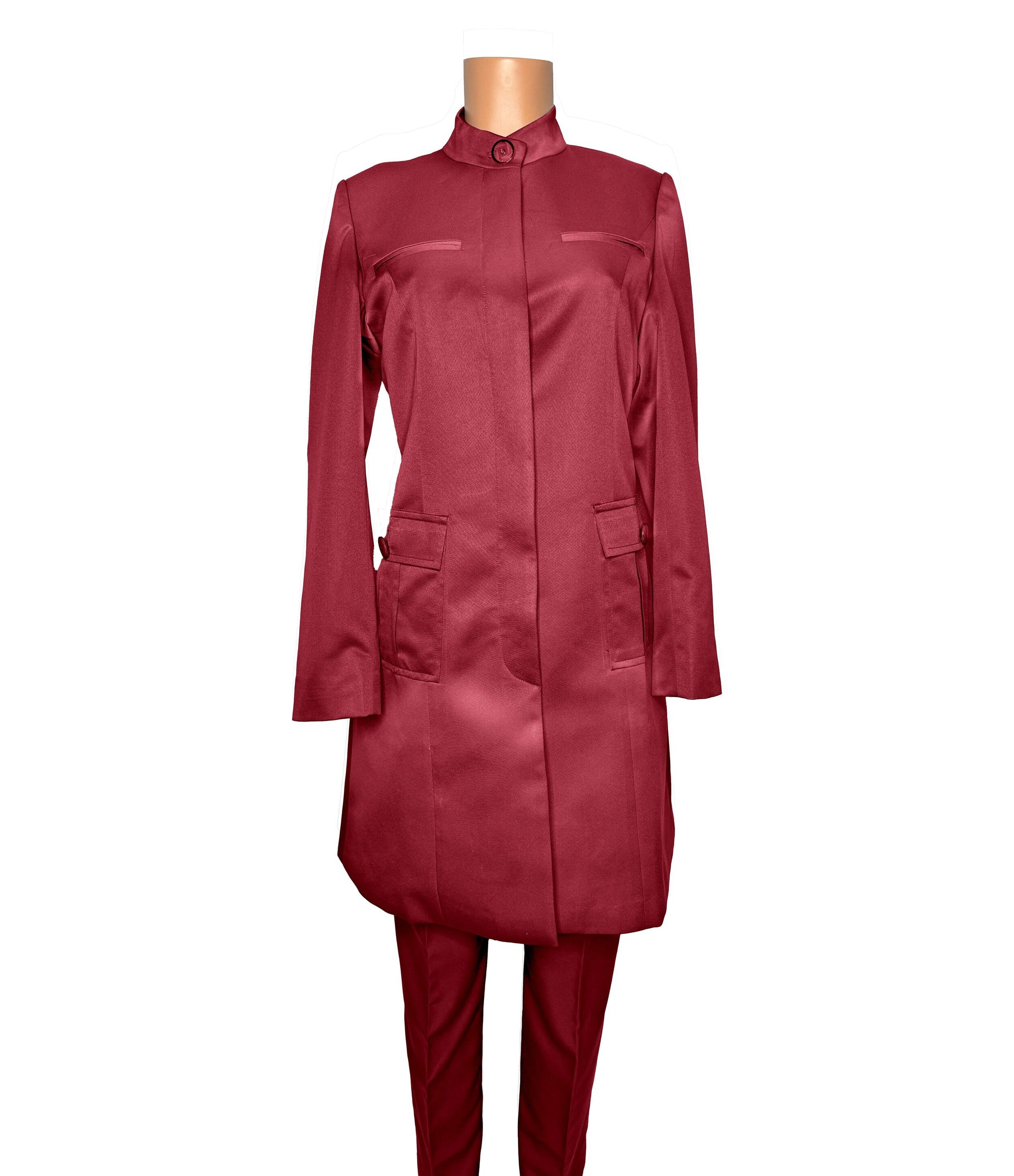 Whole body front view of the Avid 2 three-piece radiant ruby garment on a mannequin, designed for Muslim sisters in the Nation of Islam who value women's modest clothing.