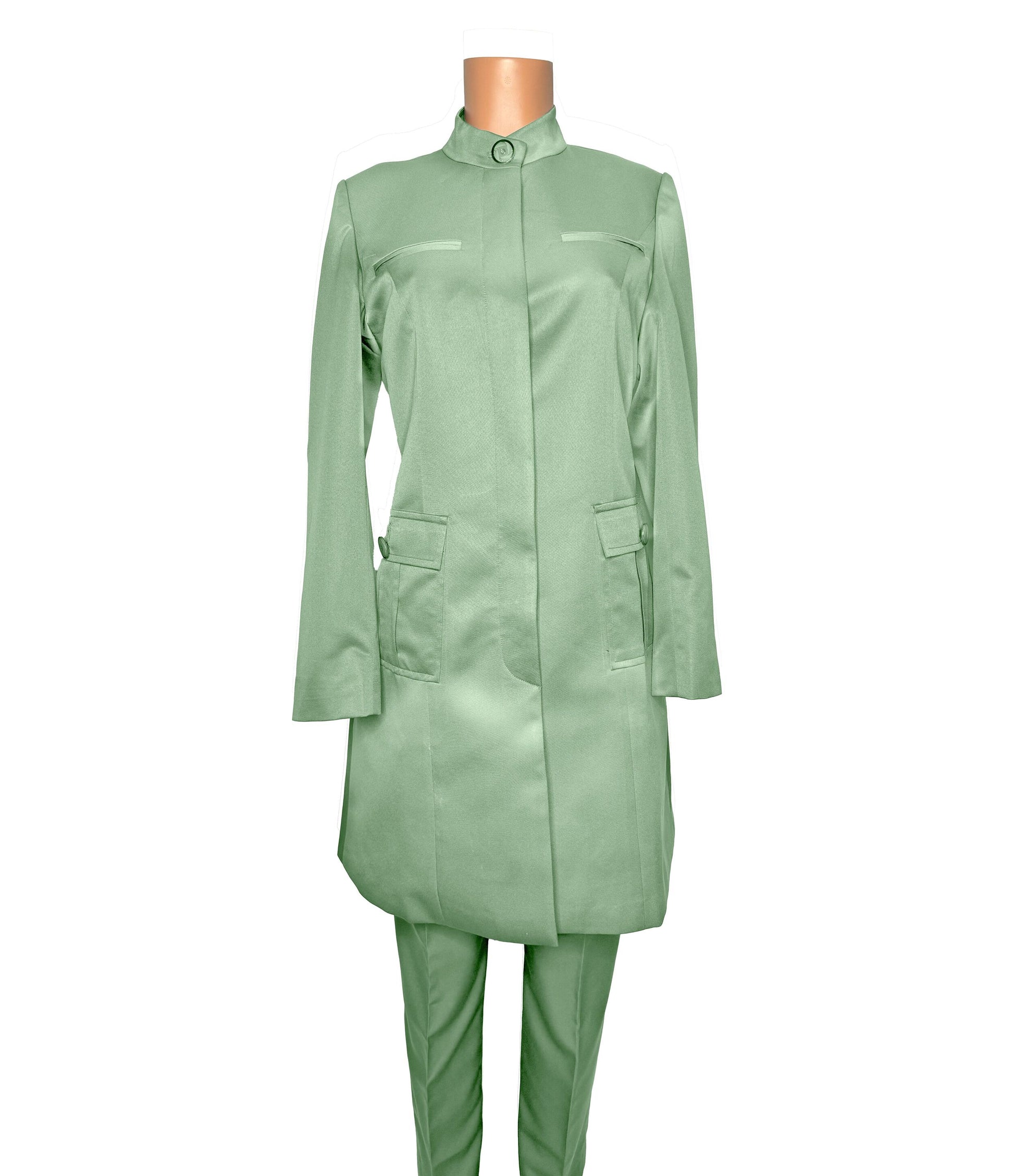 Whole body front view of the Avid 2 three-piece sage serenity garment on a mannequin, designed for Muslim sisters in the Nation of Islam who value women's modest clothing.