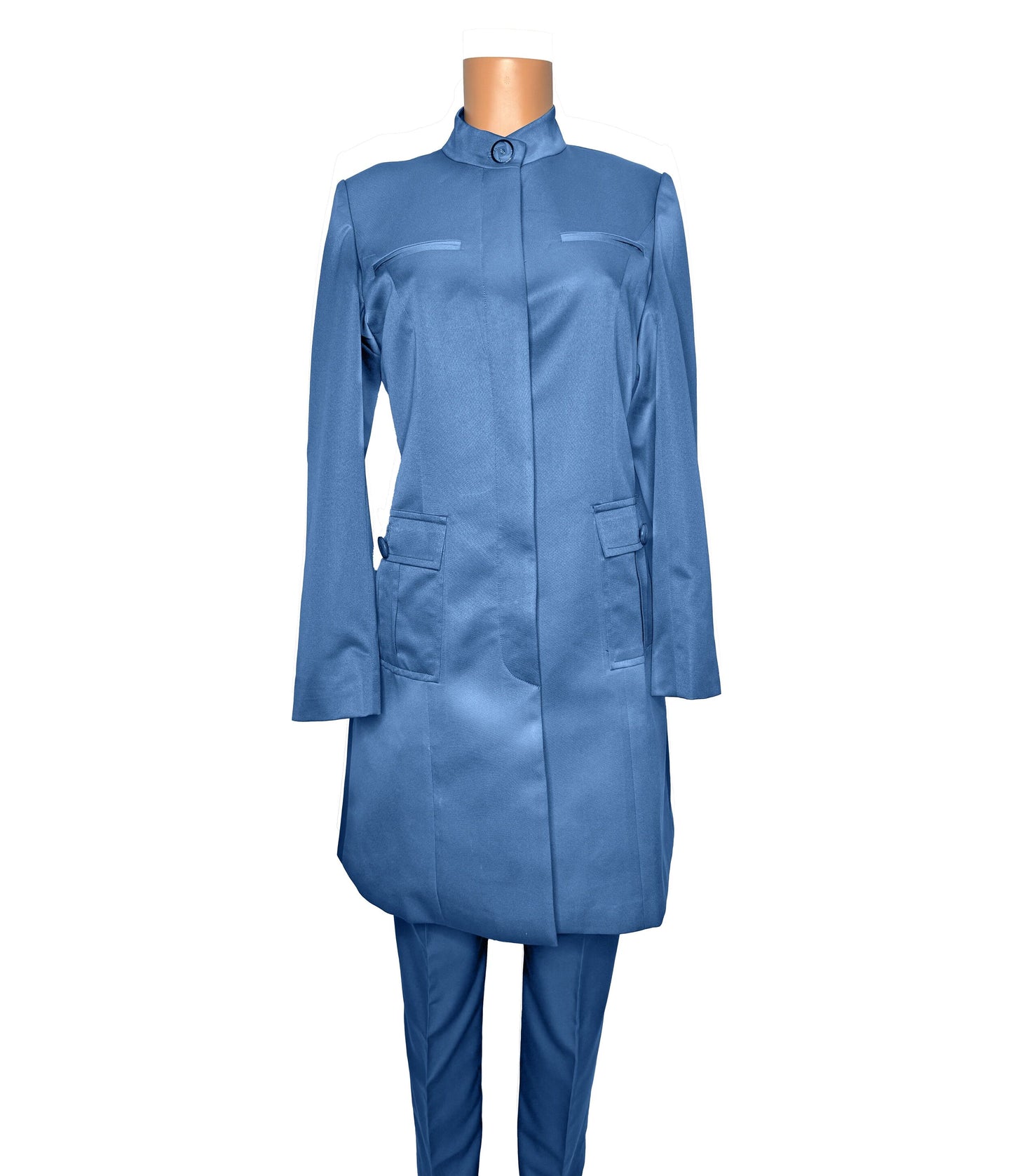 Whole body front view of the Avid 2 three-piece steel blue garment on a mannequin, designed for Muslim sisters in the Nation of Islam who value women's modest clothing.