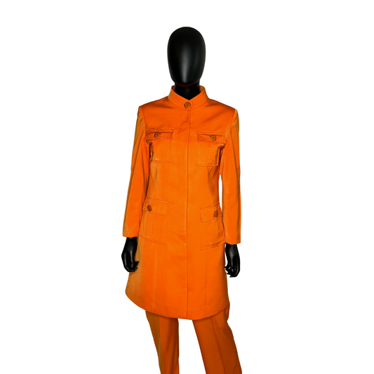 Whole body front view of the Avid three-piece orange garment on a mannequin, designed for Muslim sisters in the Nation of Islam who value women's modest clothing.