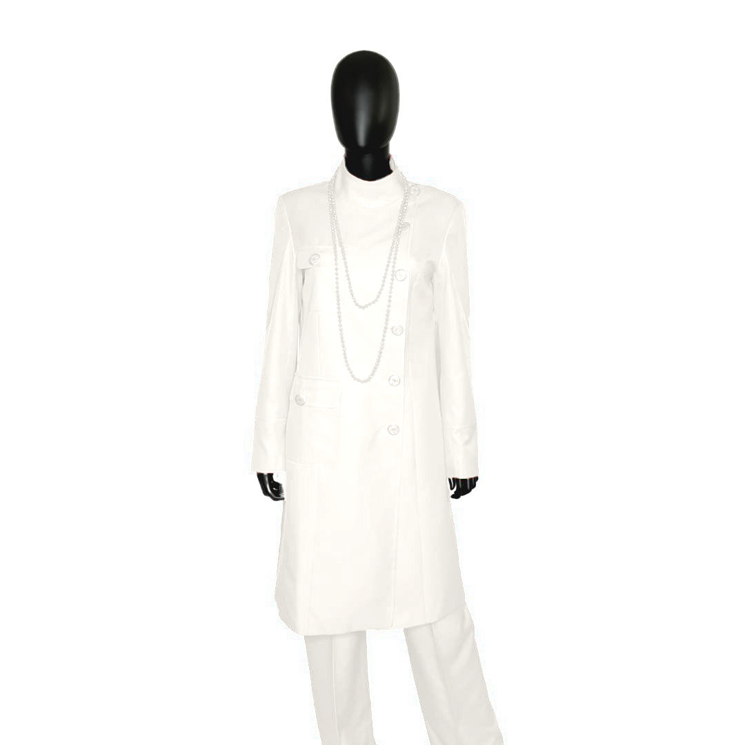 Whole body front view of the Chandra three-piece brilliant white garment on a mannequin, designed for Muslim sisters in the Nation of Islam who value women's modest clothing.