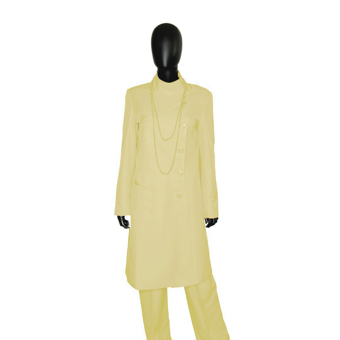 Whole body front view of the Chandra three-piece golden sand garment on a mannequin, designed for Muslim sisters in the Nation of Islam who value women's modest clothing.