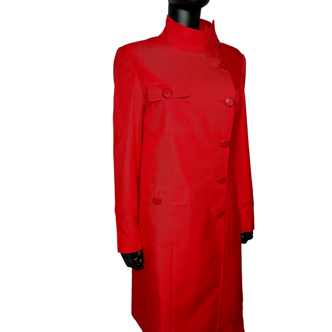 Tilted upper front view of the Chandra three-piece red garment on a mannequin, designed for Muslim sisters in the Nation of Islam who value women's modest clothing.