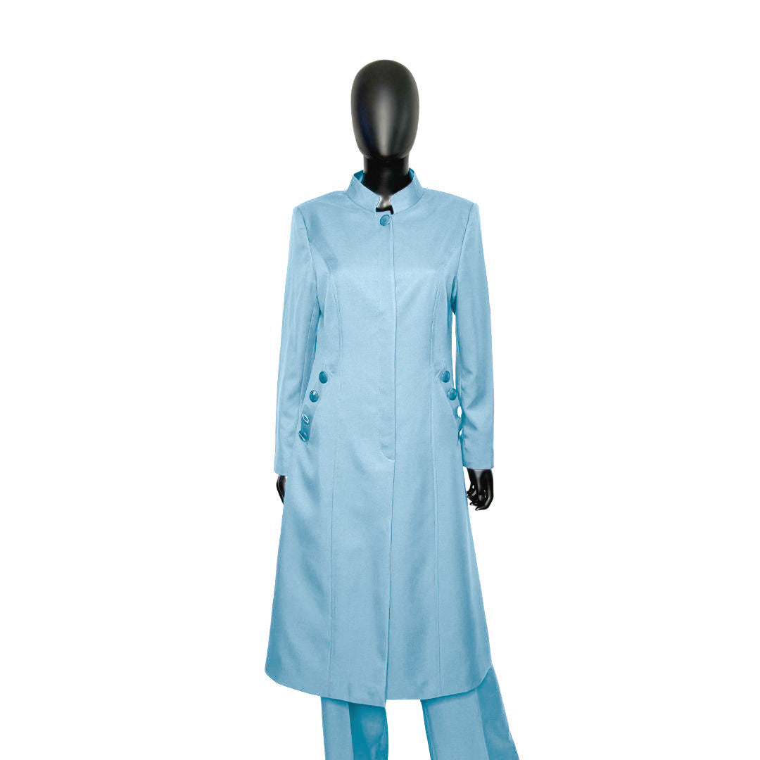 Whole body front view of the Cheryl three-piece baby blue garment on a mannequin, designed for Muslim sisters in the Nation of Islam who value women's modest clothing.