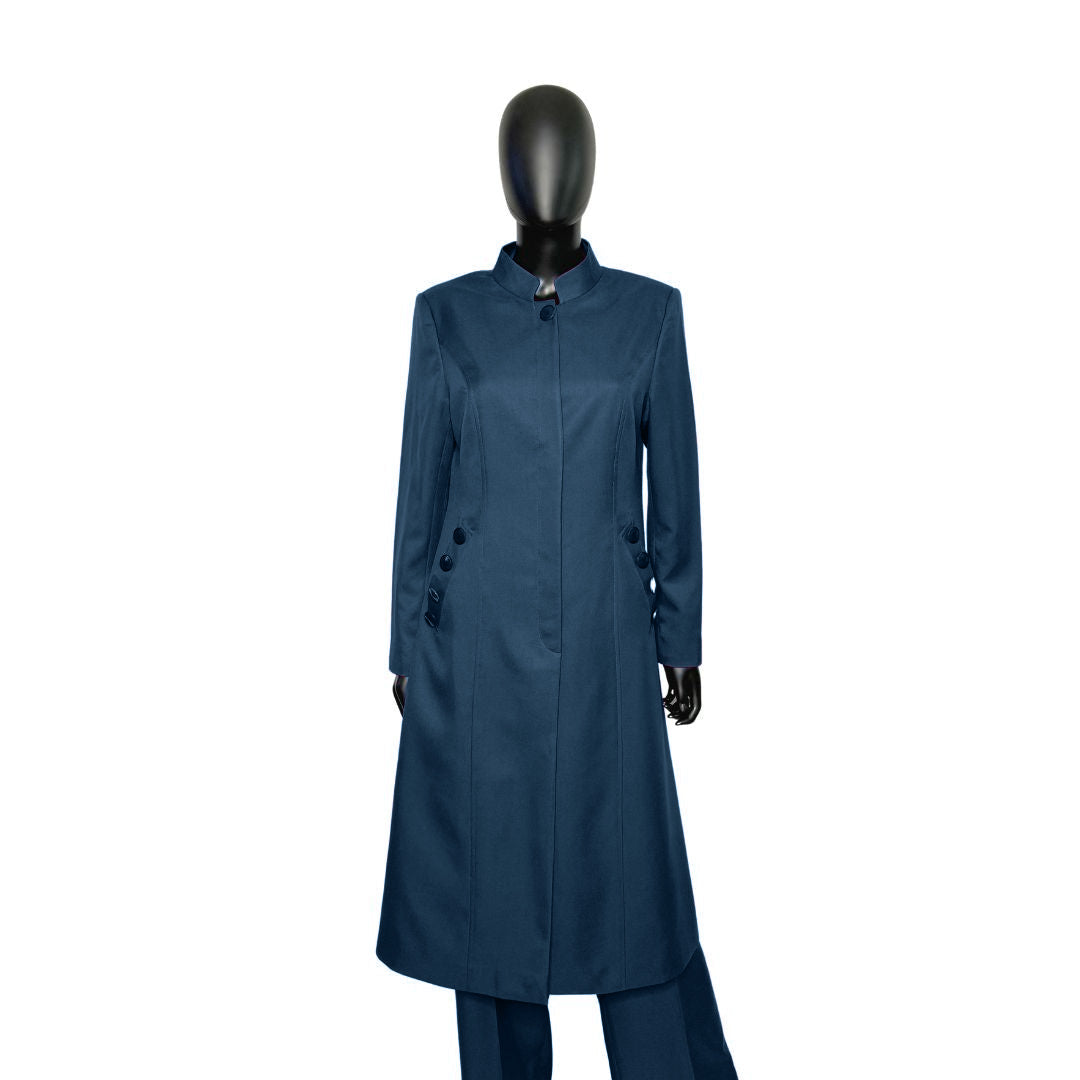 Whole body front view of the Cheryl three-piece blue onyx garment on a mannequin, designed for Muslim sisters in the Nation of Islam who value women's modest clothing.