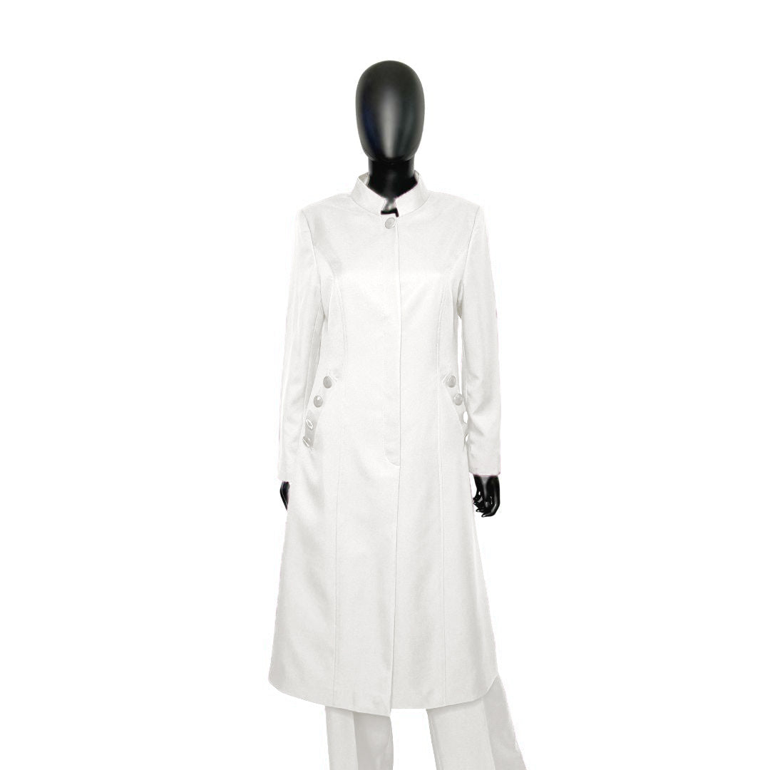 Whole body front view of the Cheryl three-piece brilliant white garment on a mannequin, designed for Muslim sisters in the Nation of Islam who value women's modest clothing.