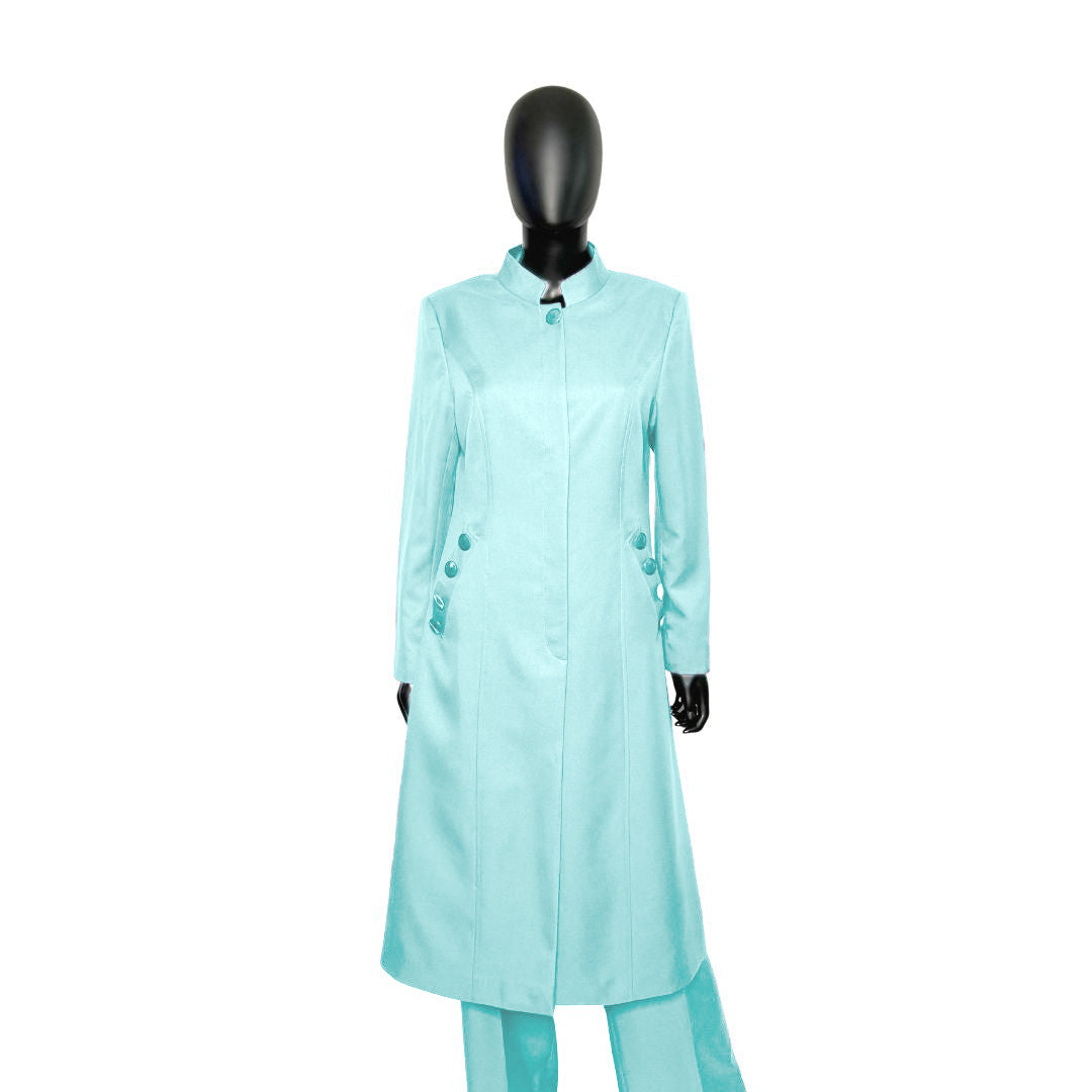 Whole body front view of the Cheryl three-piece calm waters garment on a mannequin, designed for Muslim sisters in the Nation of Islam who value women's modest clothing.