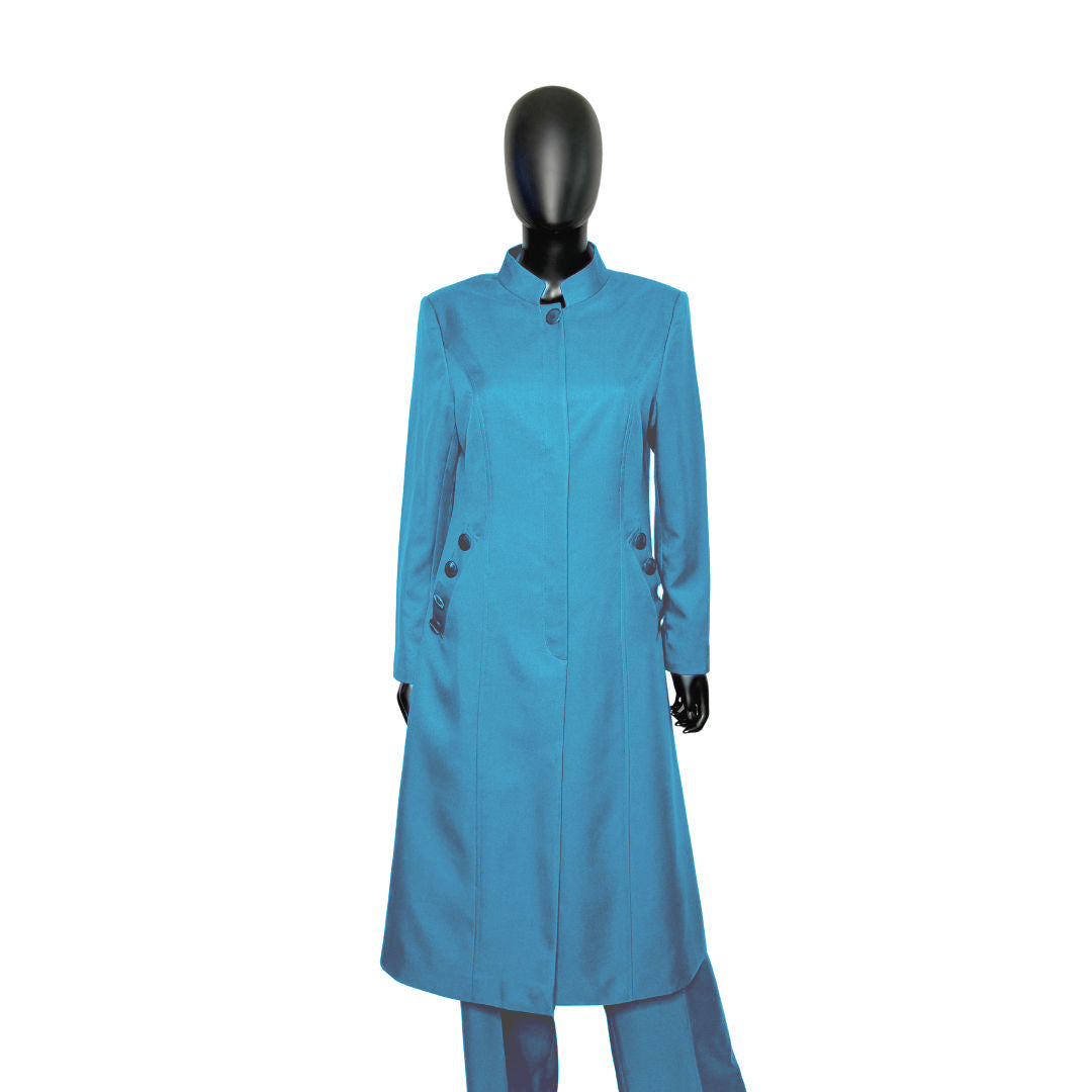 Whole body front view of the Cheryl three-piece cerulean blue garment on a mannequin, designed for Muslim sisters in the Nation of Islam who value women's modest clothing.