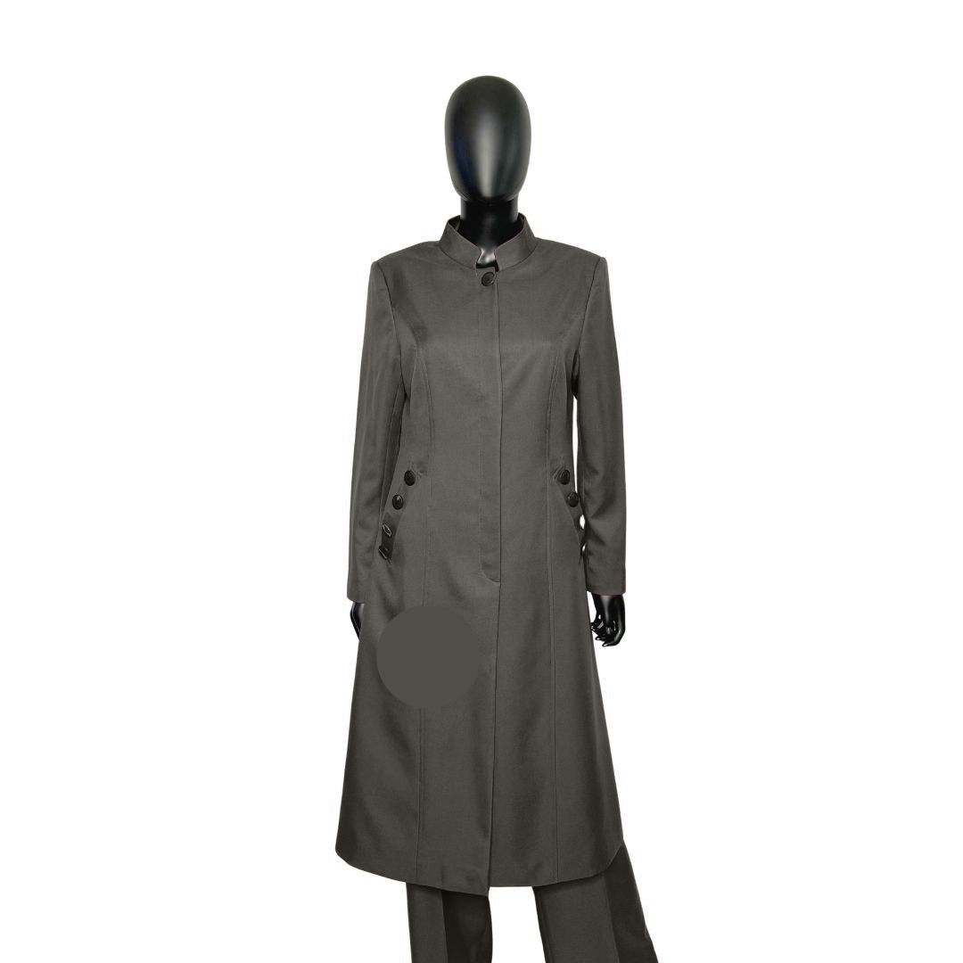 Whole body front view of the Cheryl three-piece charcoal grove garment on a mannequin, designed for Muslim sisters in the Nation of Islam who value women's modest clothing.