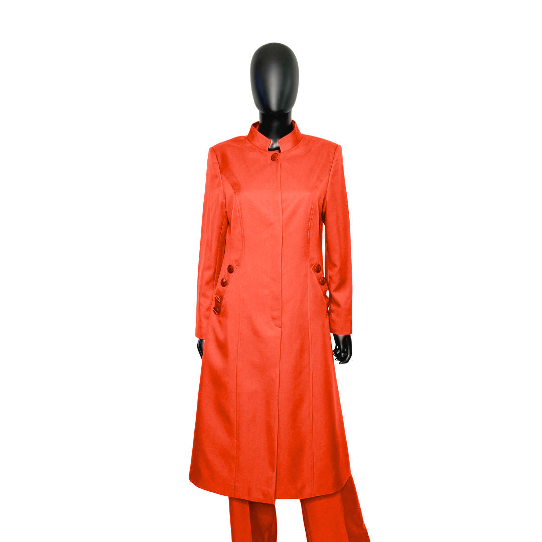 Whole body front view of the Cheryl three-piece coral blaze garment on a mannequin, designed for Muslim sisters in the Nation of Islam who value women's modest clothing.