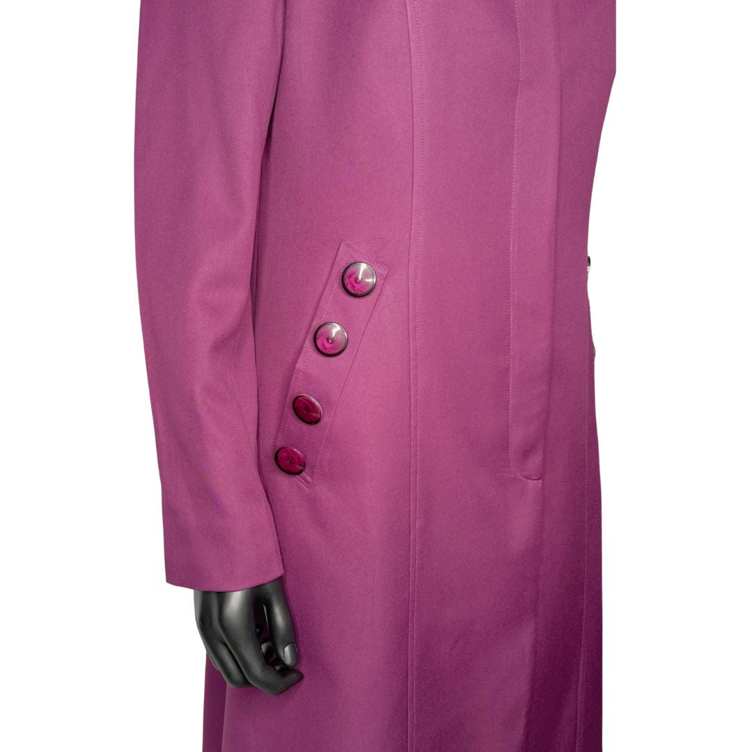 Side pocket view of the Cheryl three-piece dark fuchsia garment on a mannequin, designed for Muslim sisters in the Nation of Islam who value women's modest clothing.