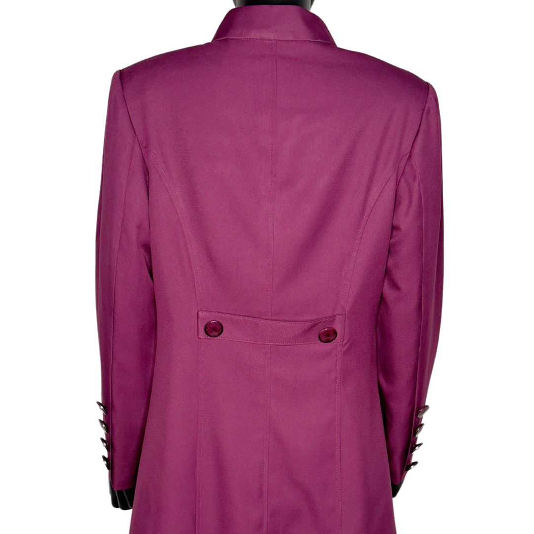 Upper body back view of the Cheryl three-piece dark fuchsia garment on a mannequin, designed for Muslim sisters in the Nation of Islam who value women's modest clothing.