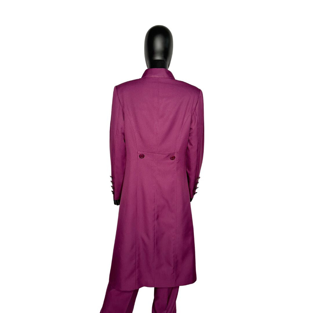 Whole body back view of the Cheryl three-piece dark fuchsia garment on a mannequin, designed for Muslim sisters in the Nation of Islam who value women's modest clothing.