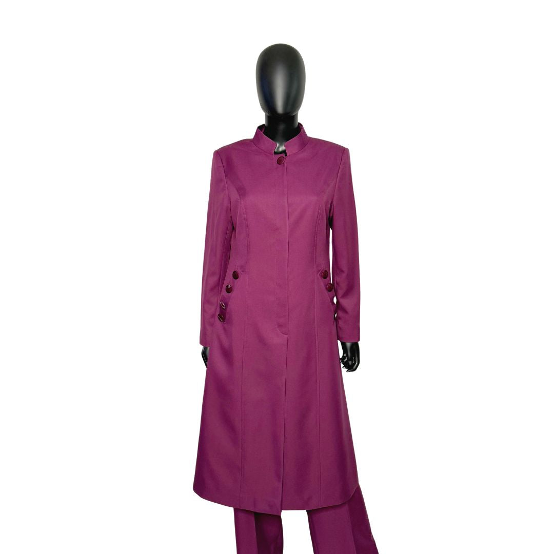 Whole body front view of the Cheryl three-piece dark fuchsia garment on a mannequin, designed for Muslim sisters in the Nation of Islam who value women's modest clothing.