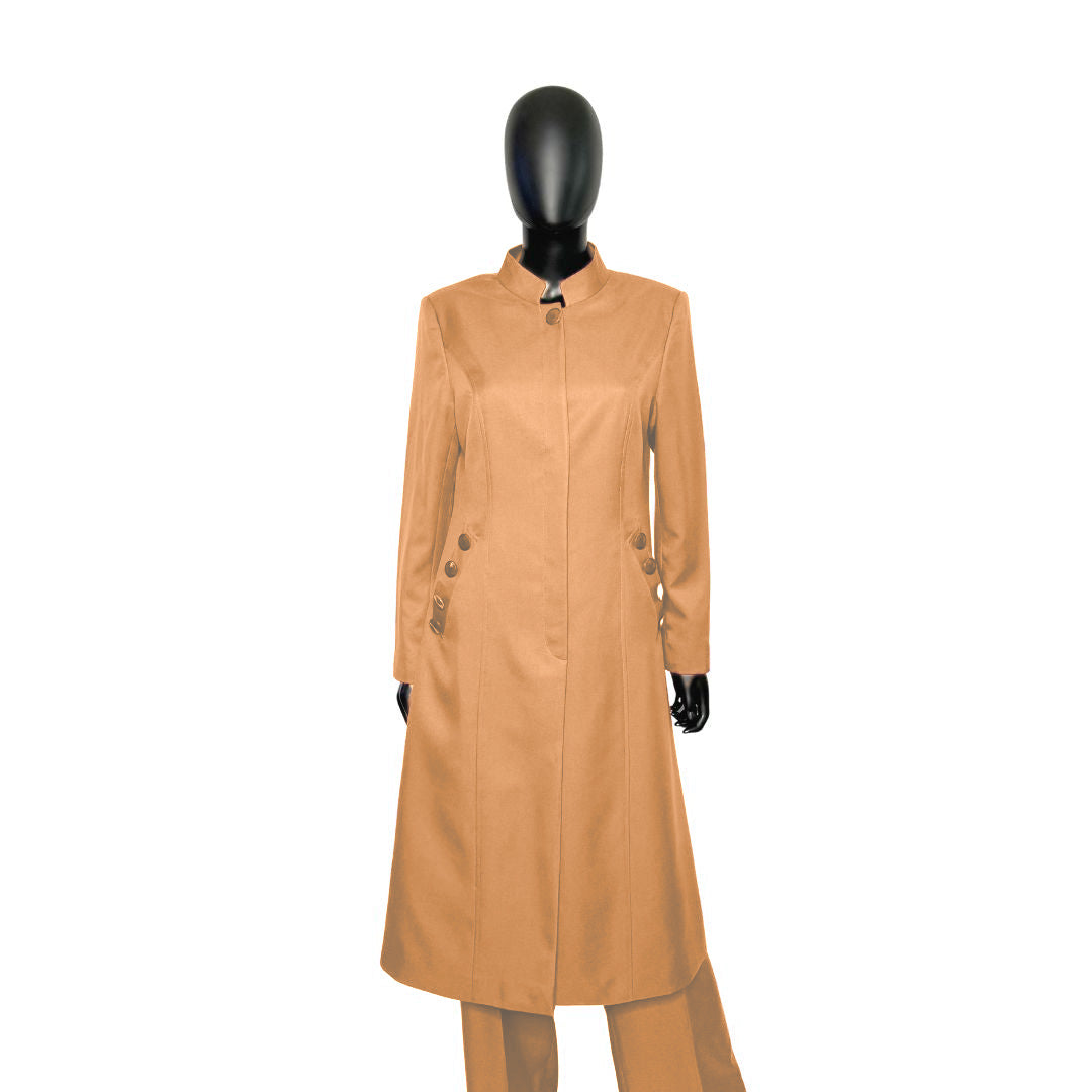 Whole body front view of the Cheryl three-piece desert peach garment on a mannequin, designed for Muslim sisters in the Nation of Islam who value women's modest clothing.