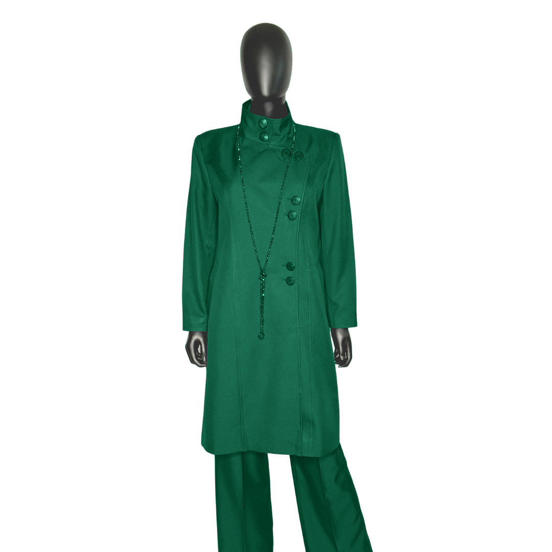 Whole body front view of the Cheryl three-piece emerald green garment on a mannequin, designed for Muslim sisters in the Nation of Islam who value women's modest clothing.